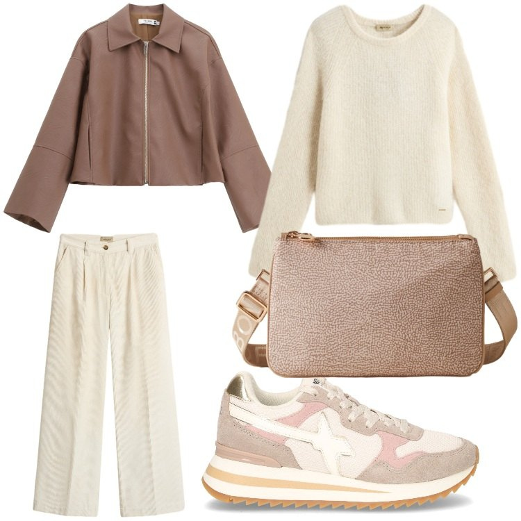 Outfit donna - Sporty November. Stile Sporty chic per Scuola/Università. Abbinamento con blazer, borse a tracolla, maglieria, pantaloni, sneakers.
