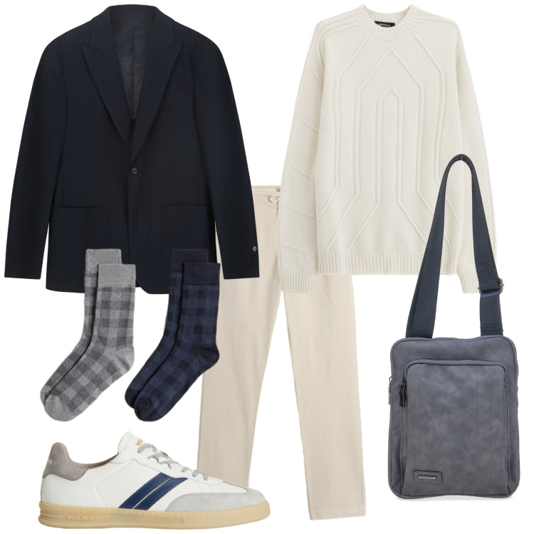 Outfit uomo - Tra brunch e passeggiate. Stile Casual per Tutti i giorni. Abbinamento con pullovers, pantaloni, sneakers, calzini, portafogli, giacche.