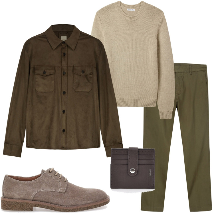 Outfit uomo - Weekend in città. Stile Urban per Tutti i giorni. Abbinamento con maglieria, giacche, pantaloni chino, portafogli, scarpe stringate.