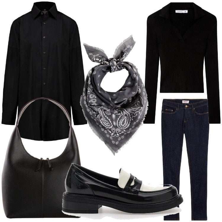 Outfit donna - Black November. Stile Mannish per Ufficio. Abbinamento con jeans skinny, shopping bag, foulard, maglieria, camicie, mocassini.