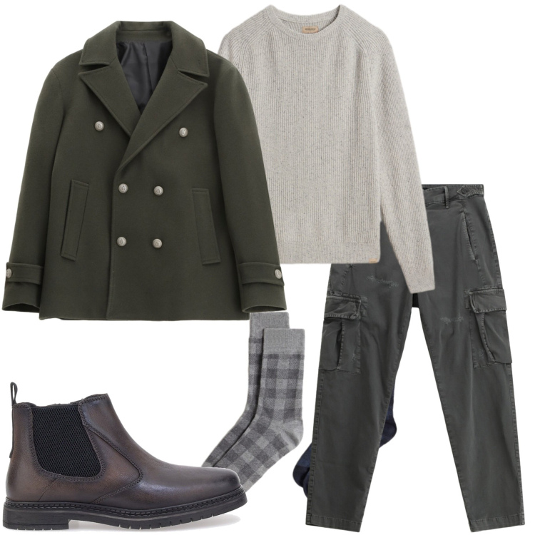 Outfit uomo - Raffinato grigio. Stile Urban per Tutti i giorni. Abbinamento con cappotti, pantaloni cargo, calzini, maglieria, stivali e stivaletti.