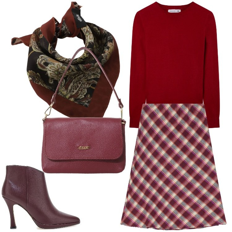 Outfit donna - Signorina chic. Stile Chic per Serata fuori. Abbinamento con maglieria, gonne, borse a tracolla, foulard, stivaletti.