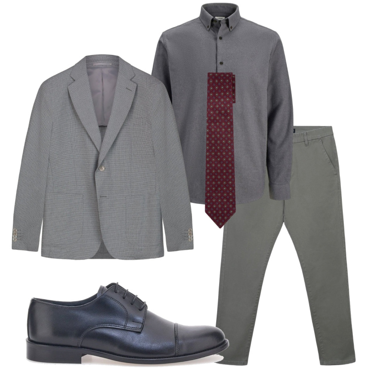 Outfit uomo - L\' eleganza del grigio. Stile Business/Elegante per Serata speciale. Abbinamento con camicie, pantaloni chino, scarpe stringate, giacche, cravatte.