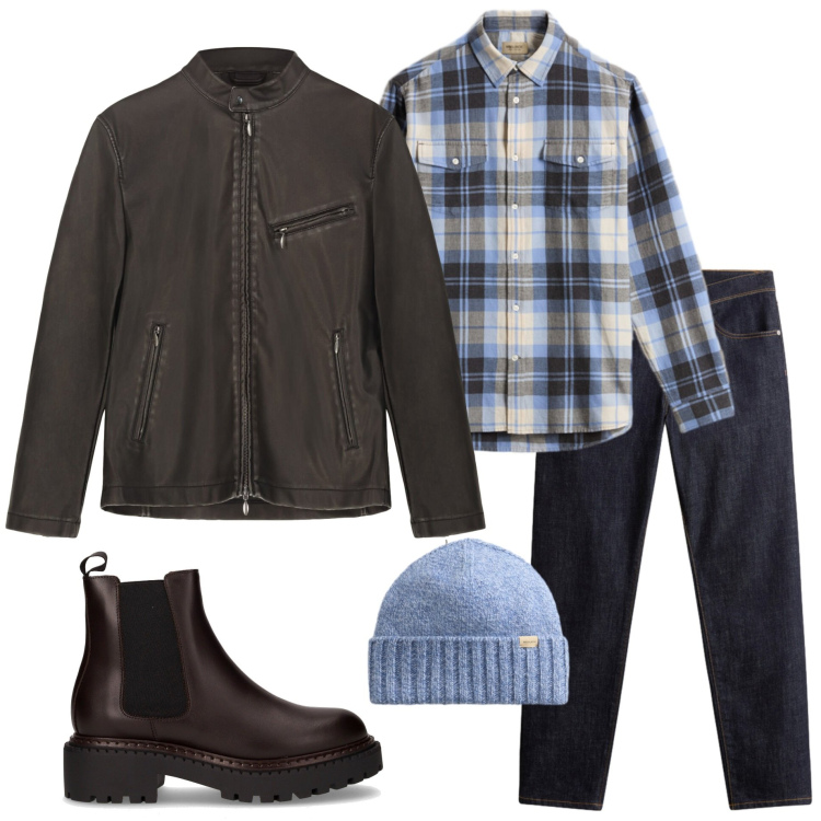 Outfit uomo - Serata al pub. Stile Casual per Serata speciale. Abbinamento con pantaloni, camicie, berretti, giacche, stivali e stivaletti.