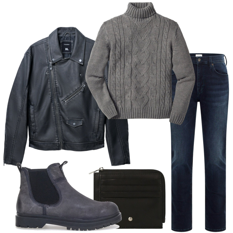 Outfit uomo - Serata al pub. Stile Casual per Serata speciale. Abbinamento con maglieria, jeans slim fit, giacche, portafogli, stivali e stivaletti.