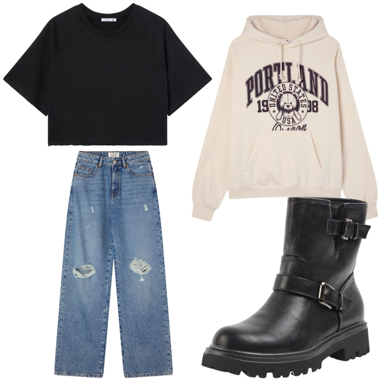 Outfit donna - Passeggiata col cane. Stile Basic per Tutti i giorni. Abbinamento con stivaletti, felpe con cappuccio, jeans strappati, t-shirt.