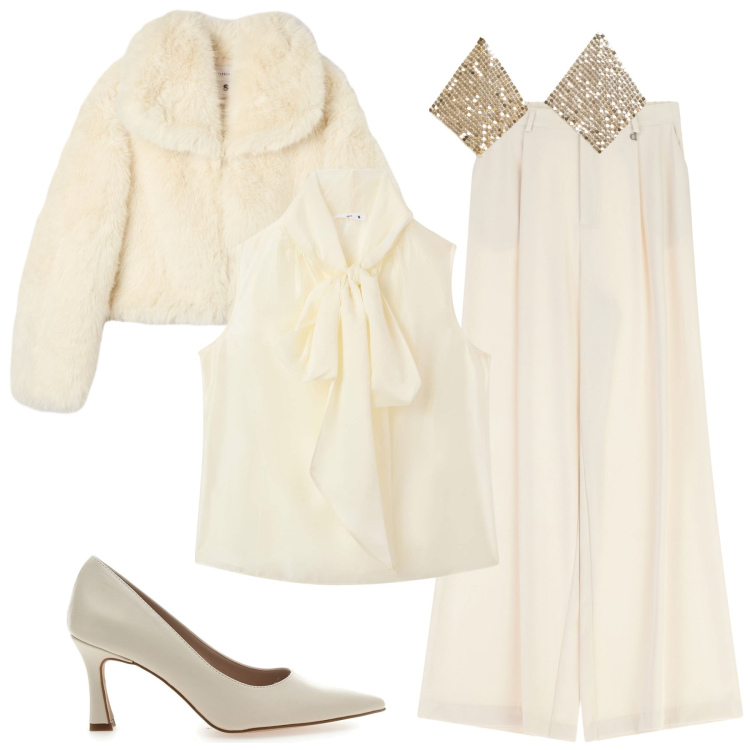 Outfit donna - Un romantico look. Stile Romantica per Serata fuori. Abbinamento con orecchini, ecopellicce, bluse, pantaloni a palazzo, décolleté.