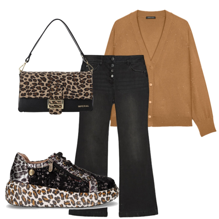 Outfit donna - Leopardato. Stile Etnico per Tutti i giorni. Abbinamento con borse a spalla, cardigans, jeans, sneakers.