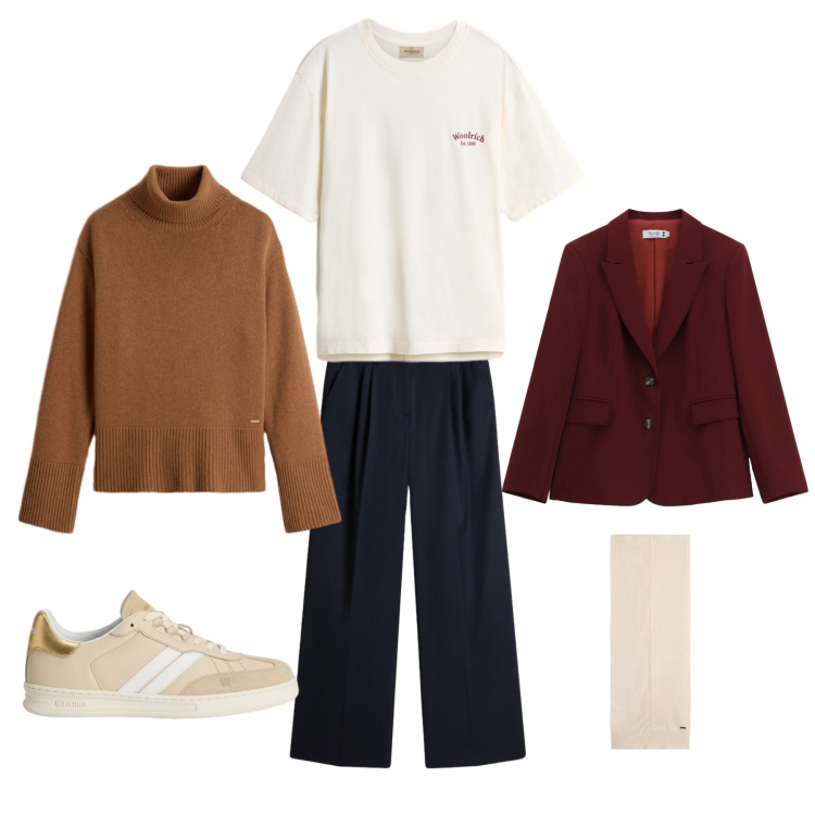 Outfit donna - Autumn Warm. Stile Minimal Abbinamento con blazer, sciarpe, sneakers, pantaloni, maglieria, t-shirt.