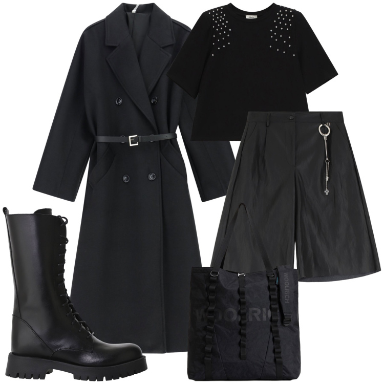 Outfit donna - Dal sapore rock. Stile Rock per Serata fuori. Abbinamento con cappotti, bermuda, stivali, t-shirt, borse tote.