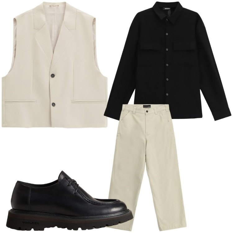 Outfit uomo - Nero gilet. Stile Business/Elegante per Serata speciale. Abbinamento con gilet, camicie, pantaloni, scarpe stringate.