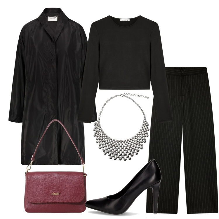 Outfit donna - Boss lady. Stile Minimal per Serata fuori. Abbinamento con pantaloni, t-shirt, collane, borse a tracolla, trench, décolleté.