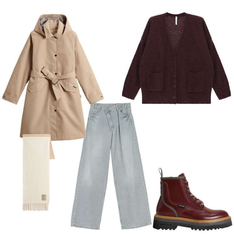 Outfit donna - Urban chic. Stile Urban Abbinamento con pantaloni, cardigans, anfibi, trench, sciarpe.