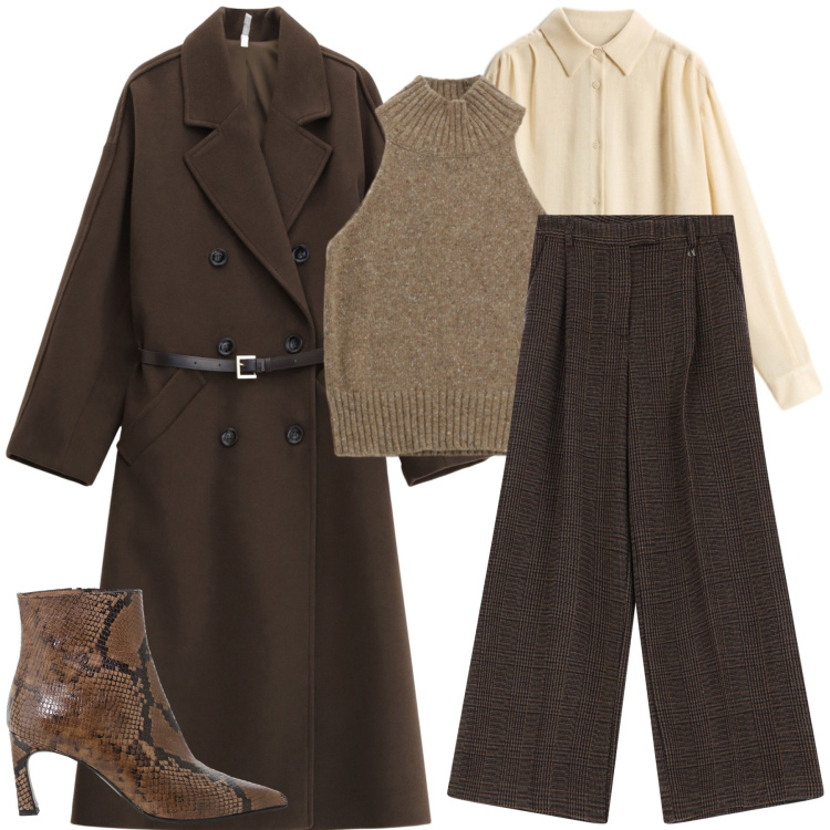 Outfit donna - Uno stivaletto pitonato. Stile Glamour per Serata fuori. Abbinamento con cappotti, pantaloni a palazzo, stivaletti, top, camicie.