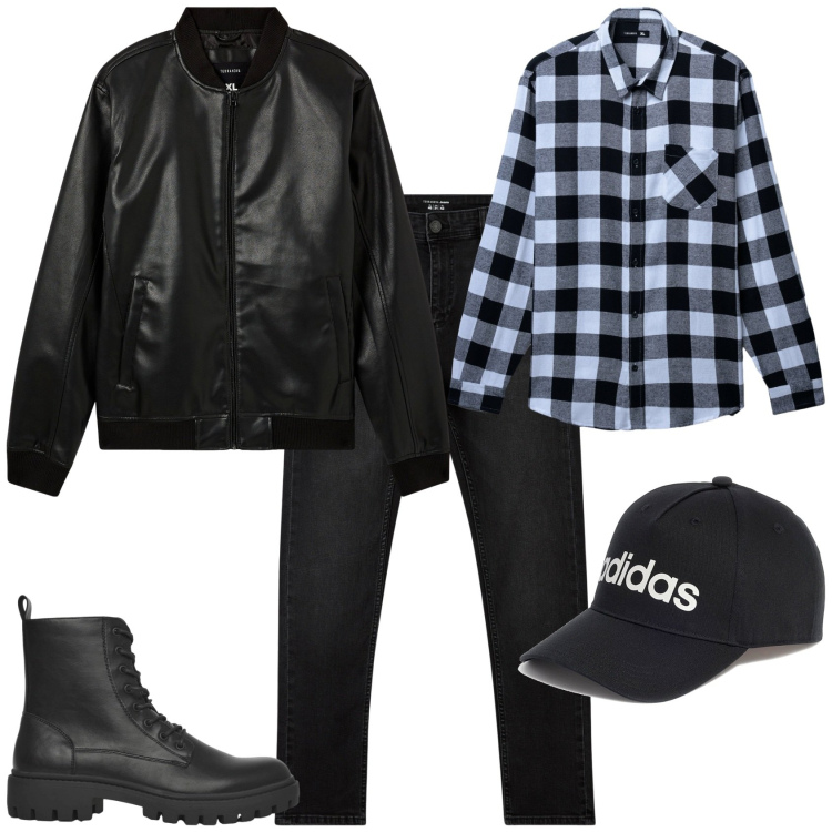 Outfit uomo - Total look #2282582. Stile Biker Rock per Tutti i giorni. Abbinamento con bomber, jeans skinny, anfibi, camicie, cappelli.