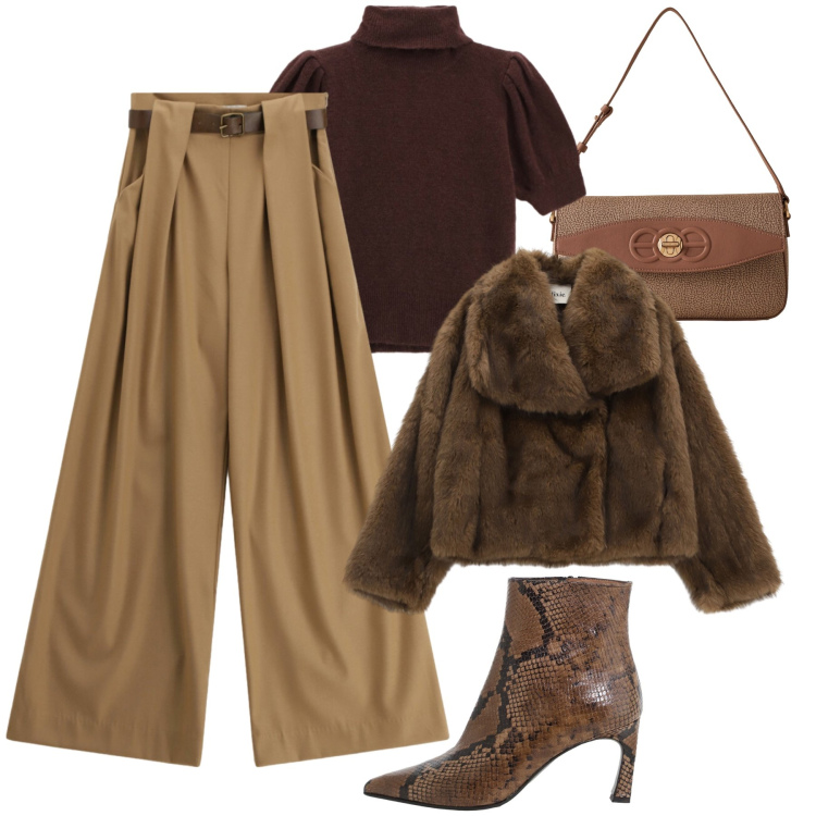 Outfit donna - Palazzo H24. Stile Casual chic per Tutti i giorni. Abbinamento con borse a spalla, pantaloni a palazzo, stivaletti, blazer, maglieria.