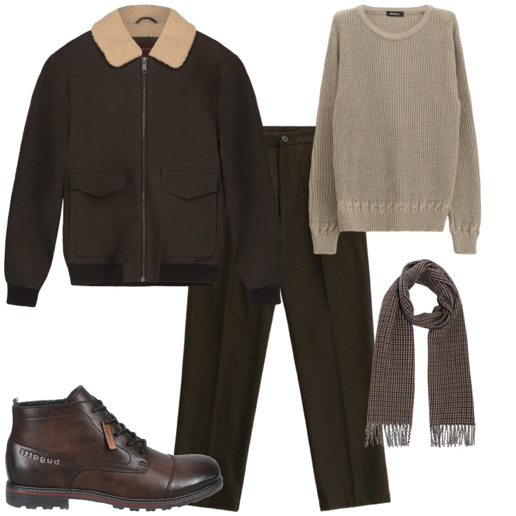 Outfit uomo - Trendy week end. Stile Trendy per Tutti i giorni. Abbinamento con maglieria, pantaloni, stivali e stivaletti, sciarpe, bomber.