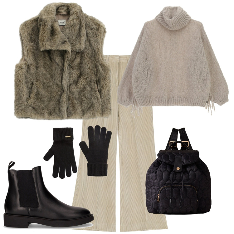 Outfit donna - Trendy in montagna. Stile Trendy per Tutti i giorni. Abbinamento con zaini, camicie, pantaloni a palazzo, maglieria, guanti, stivaletti chelsea.