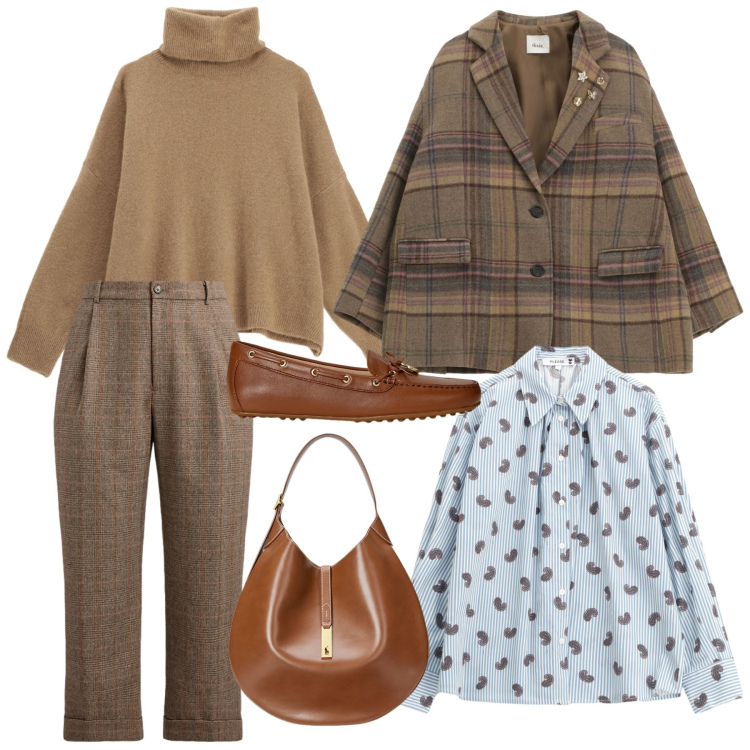 Outfit donna - Ovunque con stile e comodità. Stile Casual chic per Tutti i giorni. Abbinamento con camicie, maglieria, blazer, borse a spalla, mocassini, pantaloni.