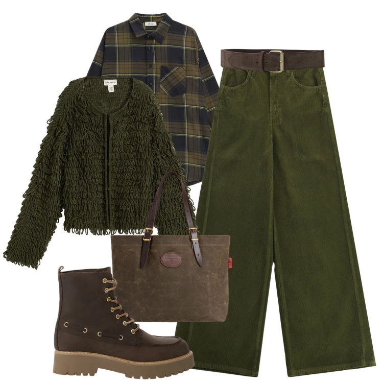 Outfit donna - Palazzo sporty in velluto. Stile Urban per Tutti i giorni. Abbinamento con cardigans, camicie, pantaloni a palazzo, cinture, stivaletti, borse tote.