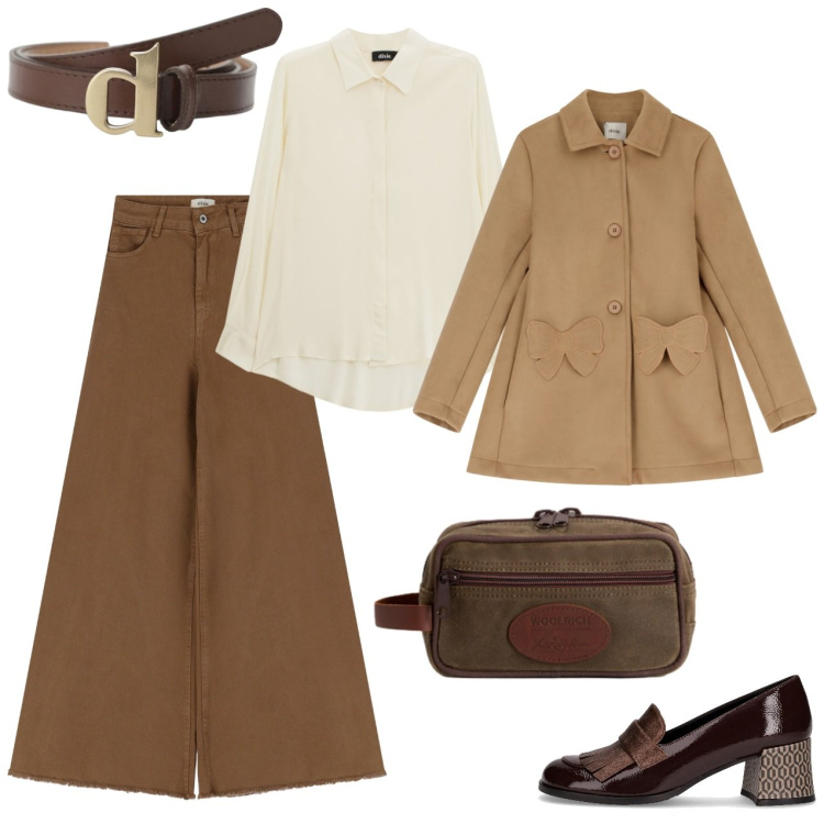 Outfit donna - Beige e marrone. Stile Casual per Tutti i giorni. Abbinamento con cappotti, camicie, cinture, pantaloni, valigie, mocassini.