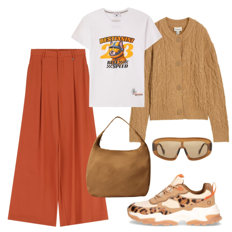 Outfit donna - Leggerezza e stile!. Stile Urban per Tutti i giorni. Abbinamento con cardigans, borse a mano, t-shirt, occhiali da sole, pantaloni a palazzo, sneakers alte.