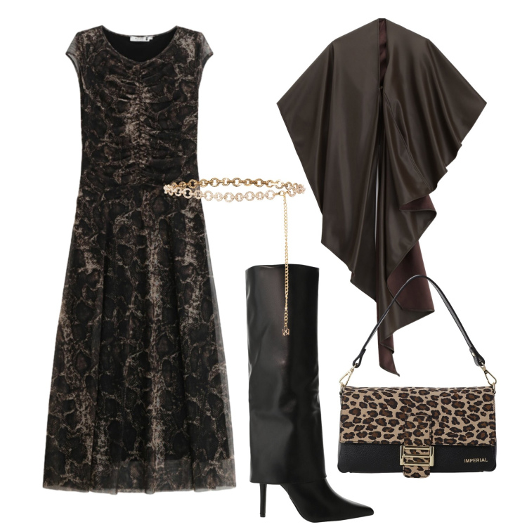 Outfit donna - Animalier di sera - @laurafo. Stile Chic per Serata fuori. Abbinamento con vestiti lunghi, cinture, borse a spalla, stivali, cappe.