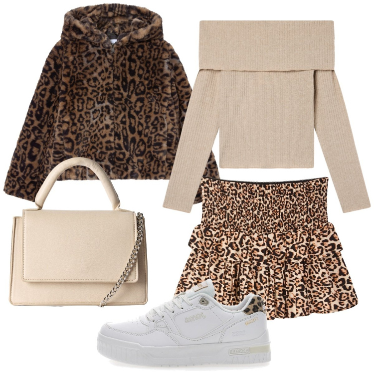 Outfit donna - Animalier. Stile Trendy per Serata fuori. Abbinamento con minigonne, maglieria, ecopellicce, borse a tracolla, sneakers.