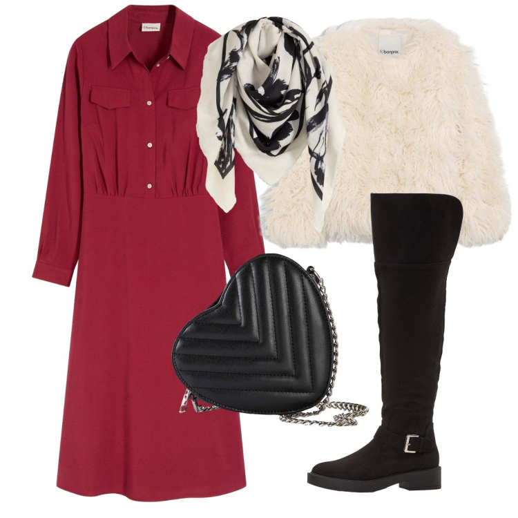 Outfit donna - Pronta per le feste. Stile Chic per Serata fuori. Abbinamento con borse a tracolla, foulard, ecopellicce, vestiti, stivali sopra il ginocchio.