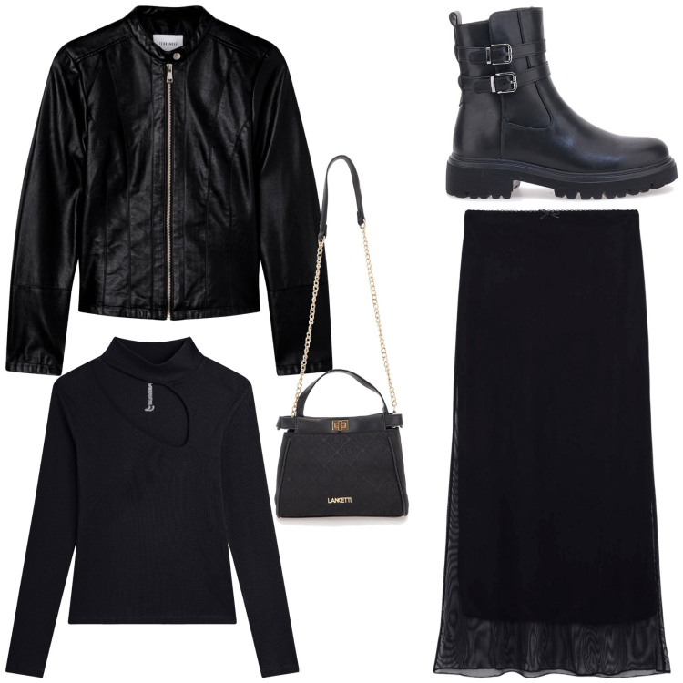 Outfit donna - Total black. Stile Trendy per Tutti i giorni. Abbinamento con gonne lunghe, giacche, maglieria, borse a tracolla, stivaletti.