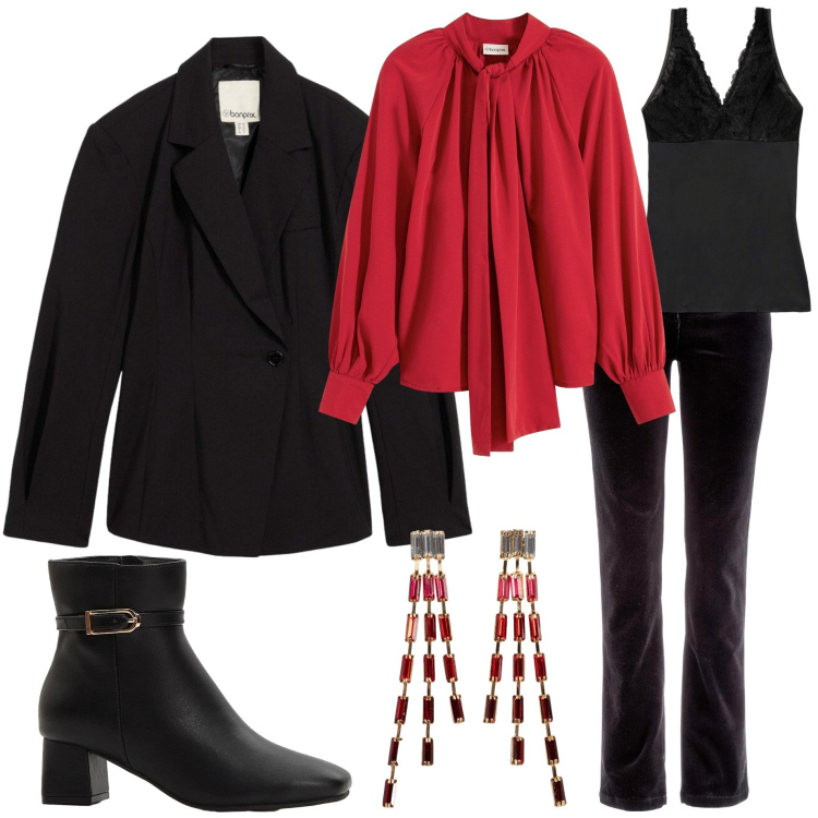 Outfit donna - Look festosi Bonprix. Stile Casual chic per Serata fuori. Abbinamento con stivaletti, pantaloni, top, camicie, orecchini, blazer.