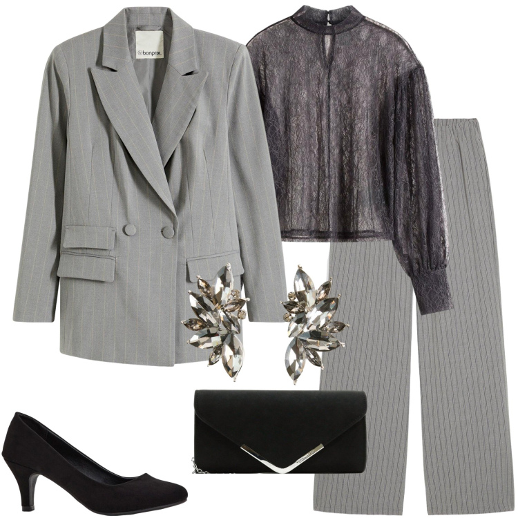 Outfit donna - Look festosi Bonprix. Stile Casual chic per Serata fuori. Abbinamento con bluse, pantaloni, décolleté, blazer, orecchini, pochette.