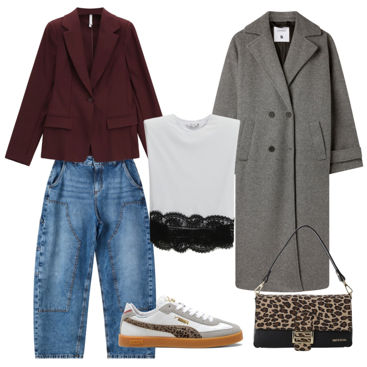 Outfit donna - Autunno grintoso. Stile Trendy per Tutti i giorni. Abbinamento con top, cappotti, jeans dritti, blazer, borse a spalla, sneakers.