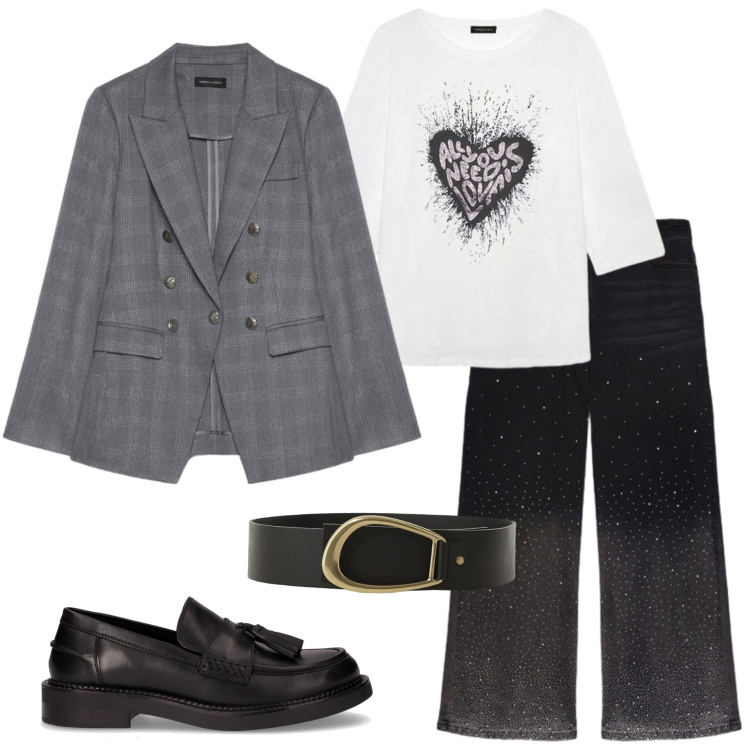 Outfit donna - Jeans luccicanti. Stile Casual chic per Serata fuori. Abbinamento con cinture, blazer, jeans, t-shirt, mocassini.