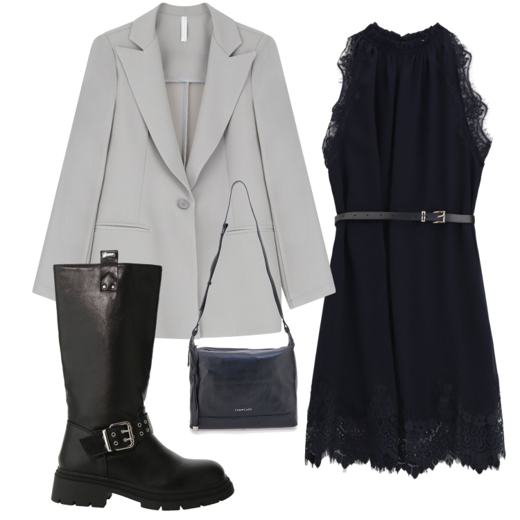 Outfit donna - Minimal. Stile Glamour per Serata fuori. Abbinamento con vestiti corti, stivali, blazer, borse a tracolla.
