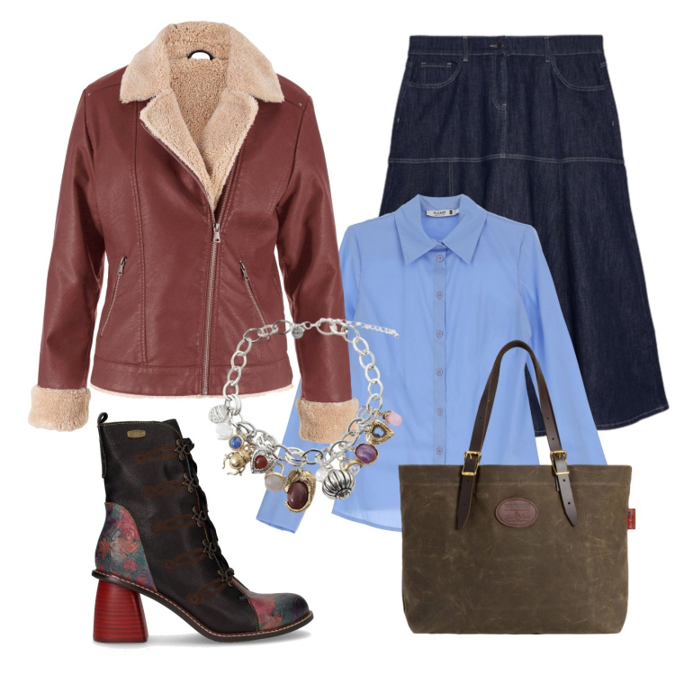 Outfit donna - Total look #2282621. Stile 70s per Scuola/Università. Abbinamento con bomber, camicie, braccialetti con ciondoli, borse tote, gonne lunghe, stivaletti.