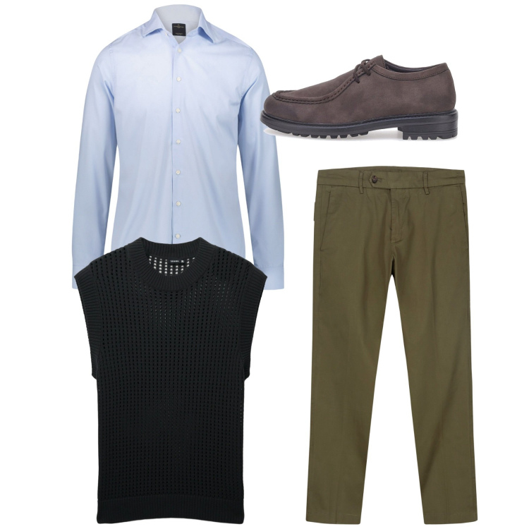 Outfit uomo - Eclettico. Stile Trendy per Tutti i giorni. Abbinamento con maglieria, camicie, scarpe stringate, pantaloni chino.