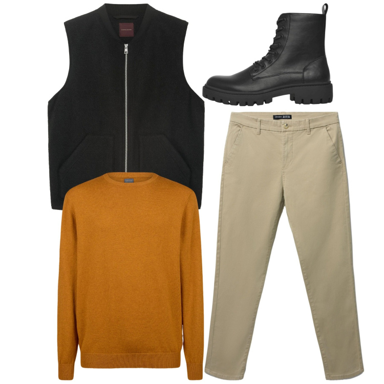 Outfit uomo - Total look. Stile Casual per Tutti i giorni. Abbinamento con pantaloni chino, anfibi, maglieria, piumini.