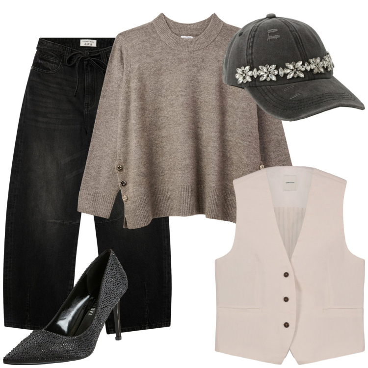 Outfit donna - Black & White. Stile Mannish per Scuola/Università. Abbinamento con maglieria, décolleté, jeans, cappelli, gilet.