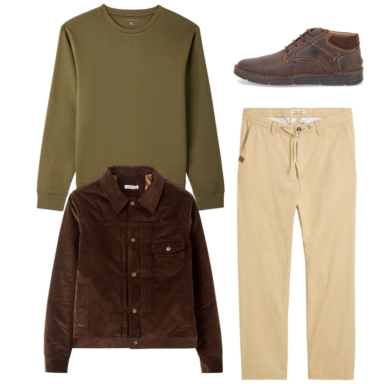 Outfit uomo - Total look. Stile Casual per Tutti i giorni. Abbinamento con pantaloni chino, felpe, cappotti, scarpe stringate.