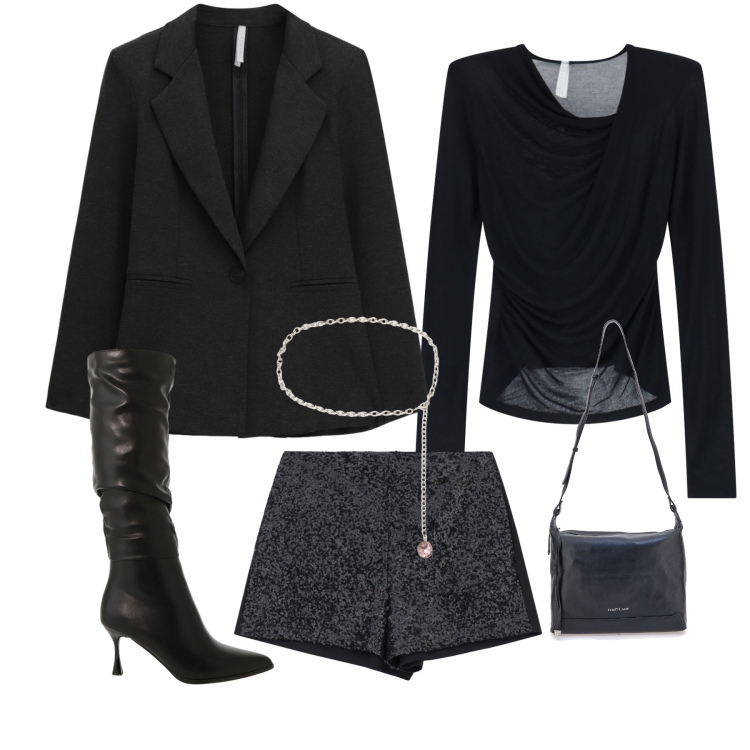 Outfit donna - Back to black. Stile Glamour per Serata fuori. Abbinamento con shorts, bluse, blazer, stivali sopra il ginocchio, cinture, borse a tracolla.