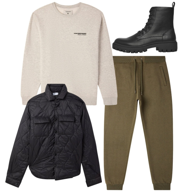Outfit uomo - Total look. Stile Casual per Tutti i giorni. Abbinamento con anfibi, felpe, pantaloni, giacche.