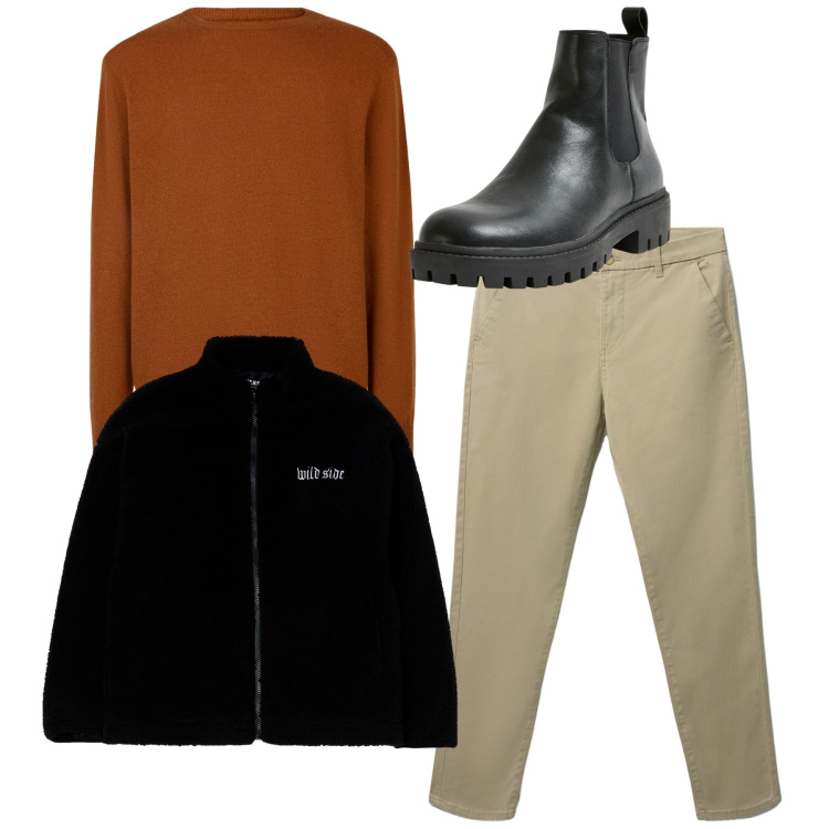 Outfit uomo - Total look. Stile Casual per Tutti i giorni. Abbinamento con stivali e stivaletti, giacche, pantaloni chino, maglieria.