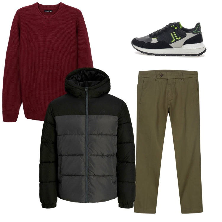 Outfit uomo - Total look. Stile Casual per Tutti i giorni. Abbinamento con piumini, maglieria, pantaloni chino, sneakers.