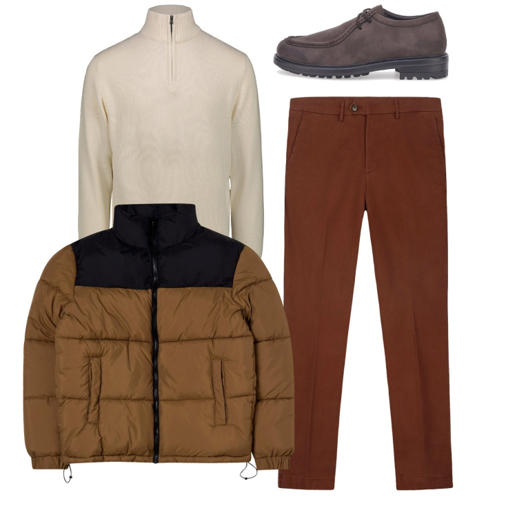 Outfit uomo - Total look. Stile Casual per Tutti i giorni. Abbinamento con bomber, scarpe stringate, pantaloni chino, maglieria.