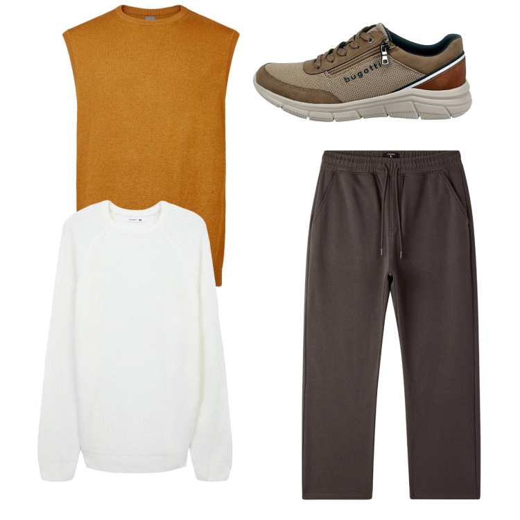 Outfit uomo - Total look. Stile Casual per Tutti i giorni. Abbinamento con maglieria, pantaloni, gilet, sneakers.