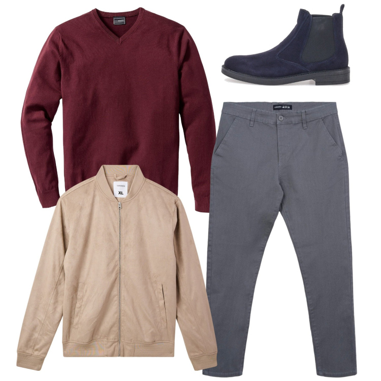 Outfit uomo - Total look. Stile Casual per Tutti i giorni. Abbinamento con maglieria, bomber, pantaloni chino, stivali e stivaletti.