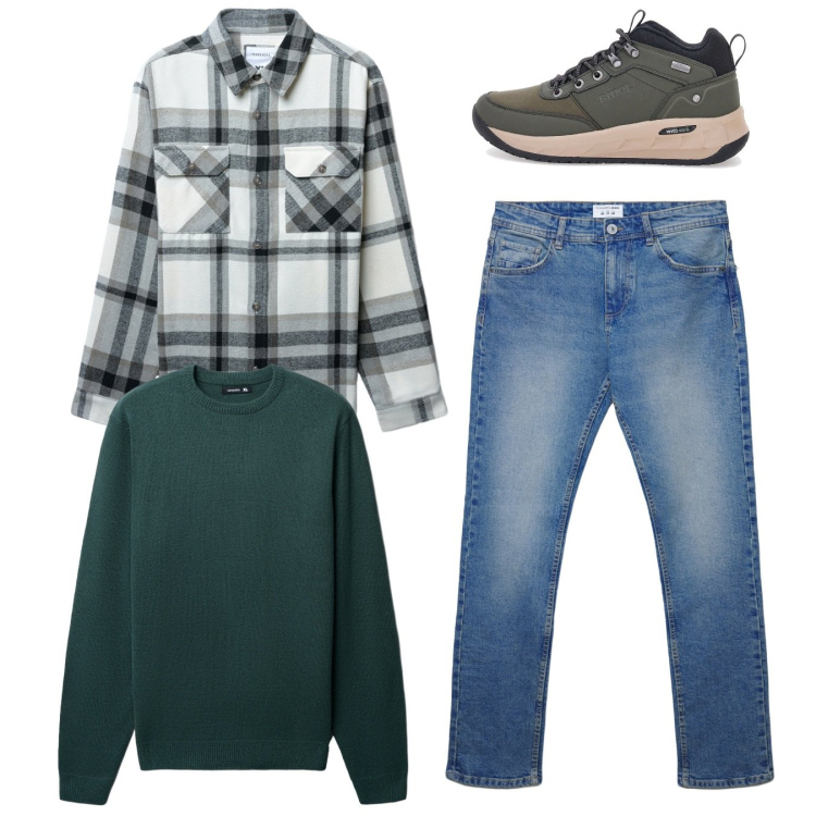 Outfit uomo - Total look. Stile Casual per Tutti i giorni. Abbinamento con jeans dritti, maglieria, cappotti, stivali e stivaletti.