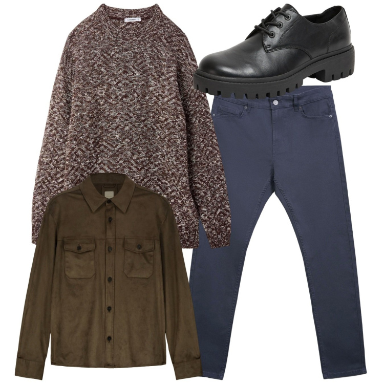 Outfit uomo - Total look. Stile Casual per Tutti i giorni. Abbinamento con scarpe stringate, pantaloni skinny, maglieria, giacche.