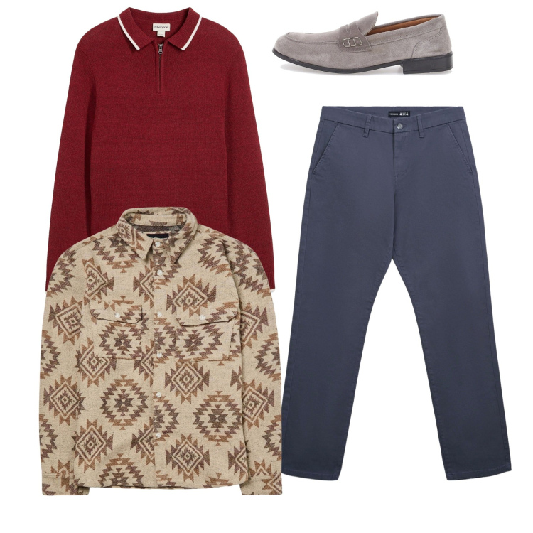 Outfit uomo - Total look. Stile Casual per Tutti i giorni. Abbinamento con maglieria, cappotti, pantaloni chino, scarpe stringate.